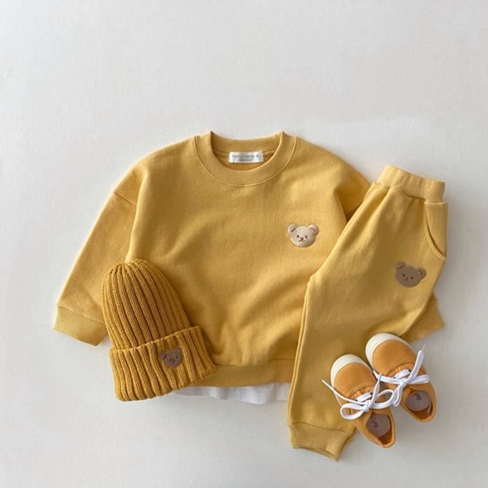 Conjunto de ropa de otoño de 2 piezas para bebés (niñas y niños): Sudadera deportiva infantil (gorro no incluido) - Amarillo