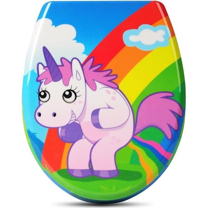 Asiento de inodoro WOLTU Duroplase con bisagras, tapa de cierre suave, antibacteriano, 45,5 x 37,1 cm Unicornio
