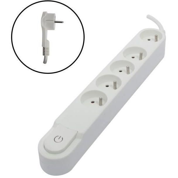 Regleta CHACON de 5 tomas, 16 A, con interruptor, enchufe plano, cable de 1,5 m, HO5VV-F 3x1,5 mm², blanca
