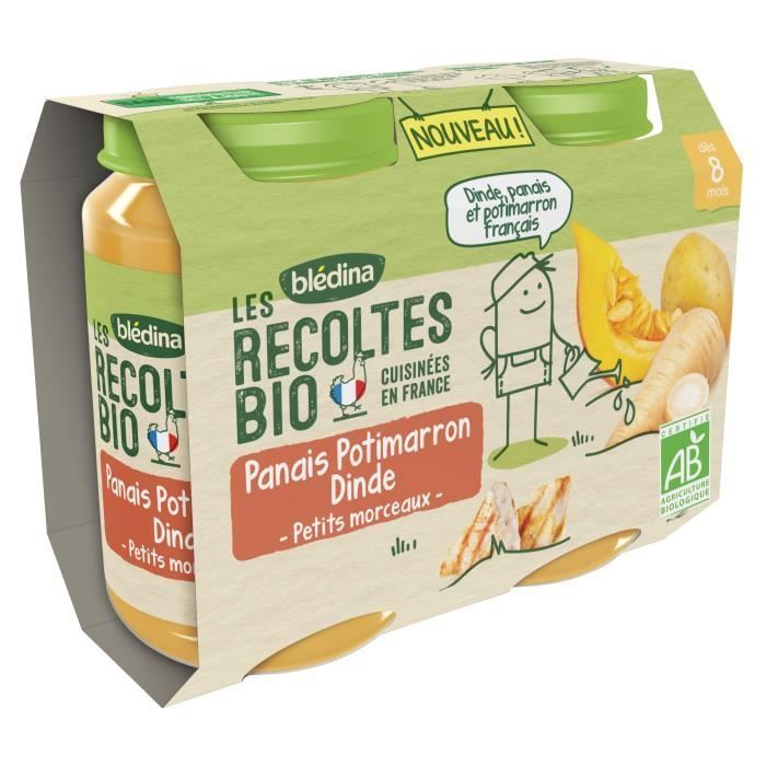 Blédina Bio-Ernten, Bio-Babynahrung ab 8 Monaten, Pastinake, Kürbis & Pute, 2 x 200 g
