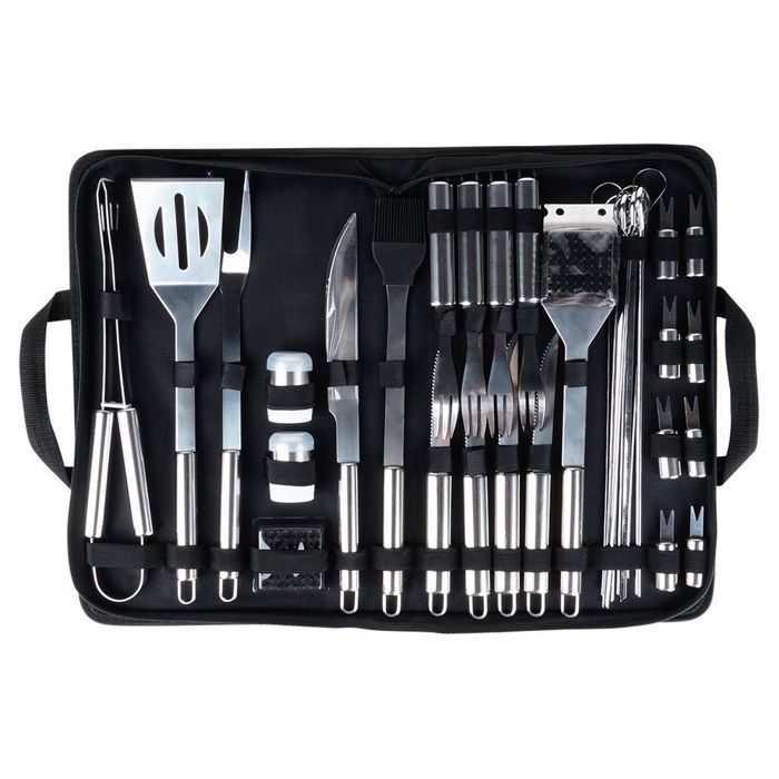 Juego de utensilios para barbacoa VILDE de 33 piezas - Acero inoxidable, estuche de transporte, prácticos accesorios para barbacoa