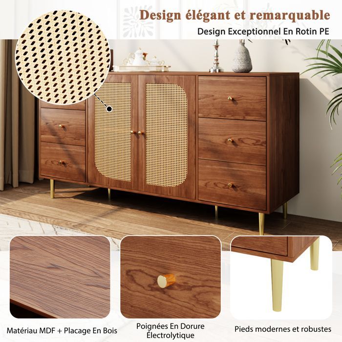 Credenza in vimini, mobile contenitore con cassetti, credenza da soggiorno, marrone, doppia anta, sei cassetti, 160×40×90 cm, grande capacità.