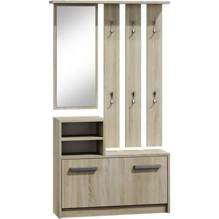 VITTORIA - Meuble d'entrée contemporain 6 crochets/miroir/2 niches/rangement chaussures 180x85x24 - Vestiaire - Porte manteau