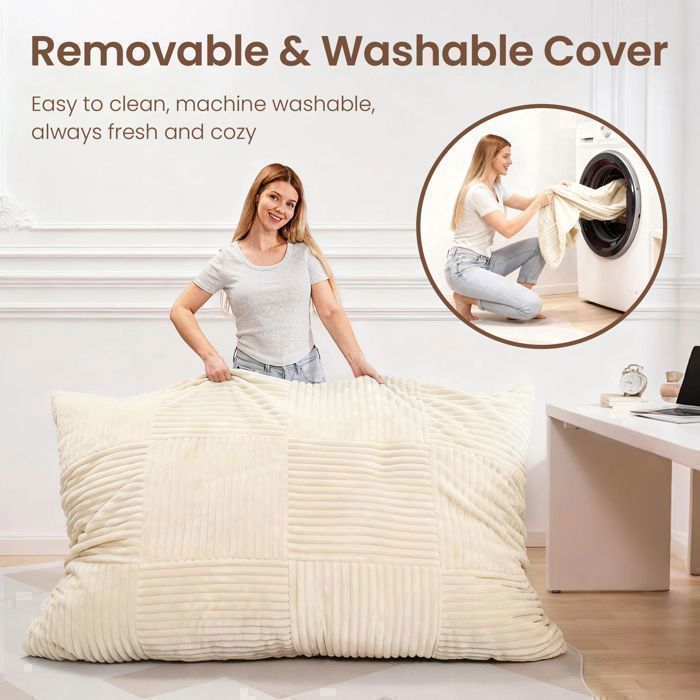 Puff gigante bege 3 em 1 conversível – veludo cotelê, 1 lugar, sofá-cama e cadeira de chão confortável, capa lavável à máquina
