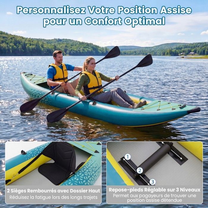 Kayak hinchable COSTWAY para 2 personas, 381x94x40cm - 2 remos de aluminio, 2 aletas desmontables, kit de reparación - Bomba de mano - 230 kg - Verde