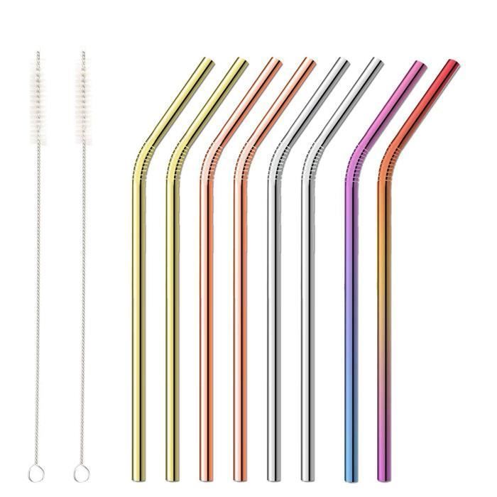 Paquet de 10 - Pailles reutilisables de couleur en acier inoxydable - Comprend 2 longues brosses de nettoyage