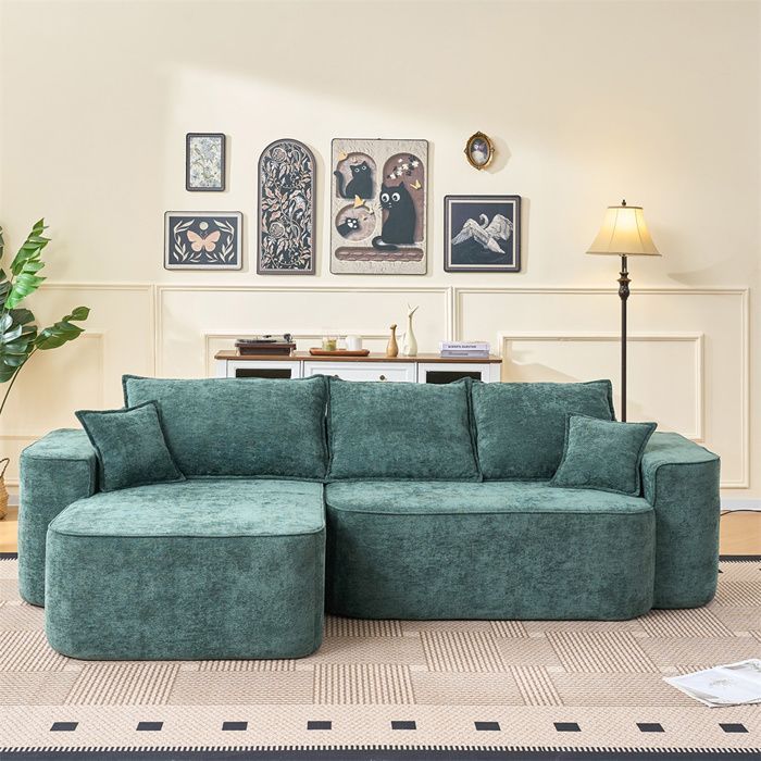 DRIPEX Canapé d'angle 3 places en chenille avec coussins,Canapé modulable en L avec chaise longue,sans montage,Vert,262×144×65cm