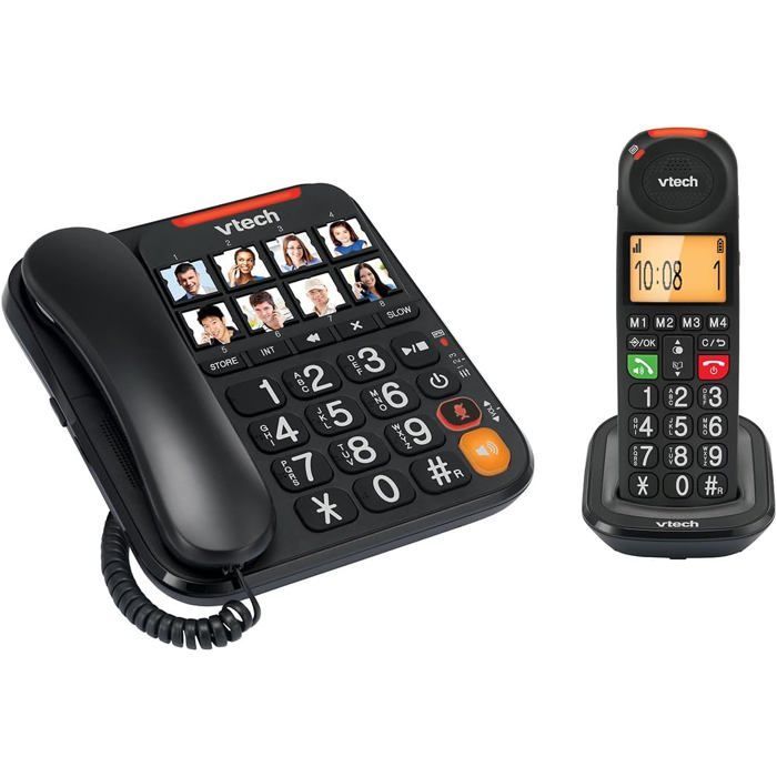 Teléfono inalámbrico VTech CL6550 con cable y DECT, contestador automático de 30 minutos, bloqueo de 100 números, botones grandes.