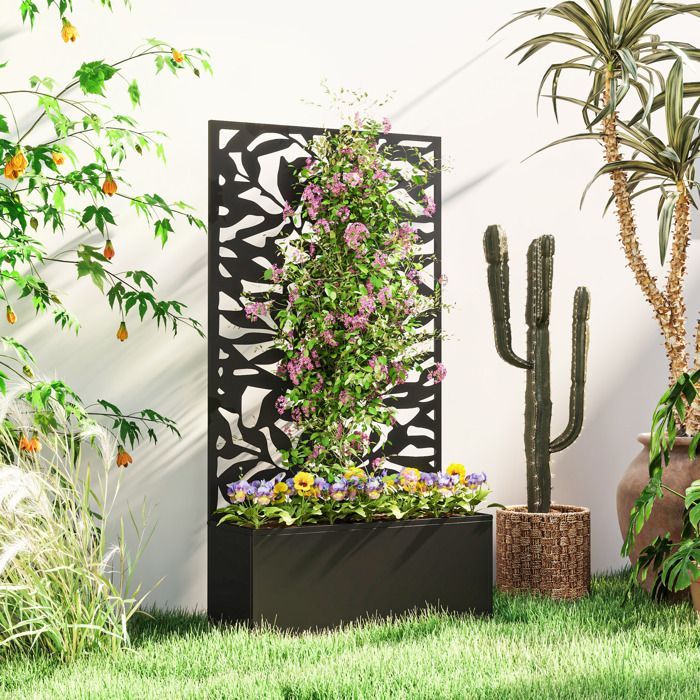 Planter - Outsunny - with trellis as a privacy panel - rectangular - metal - 61 x 23 x 113 cm - black
