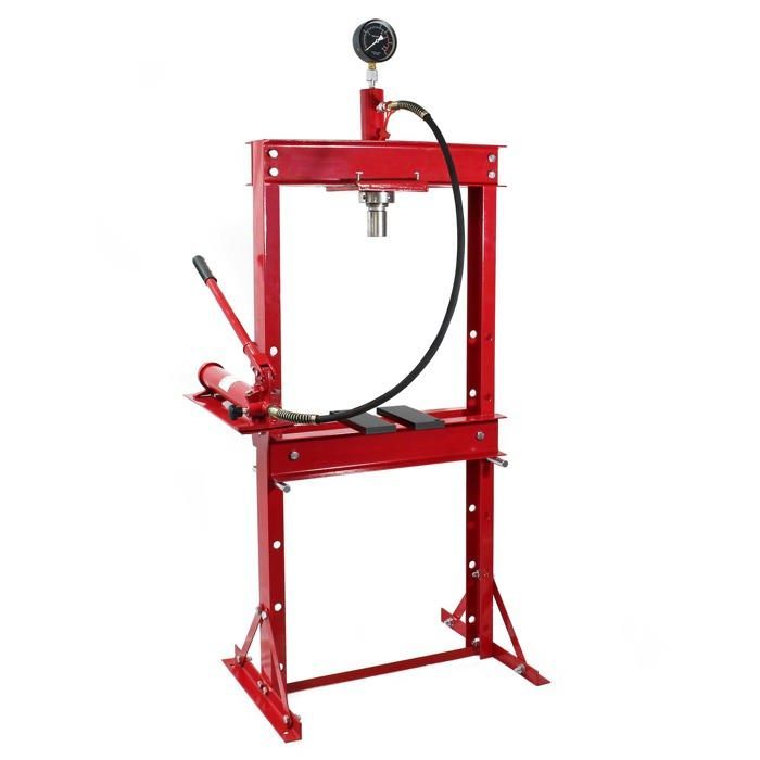 Prensa hidráulica profesional Wiltec con bastidor para taller, fuerza de prensado de 20 toneladas y manómetro.
