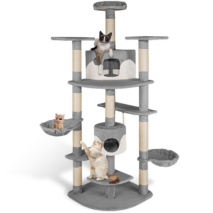 Árbol rascador para gatos - TECTAKE - FIPPI, 201 cm de altura, con poste rascador, hamacas y cuerda - Blanco/Gris