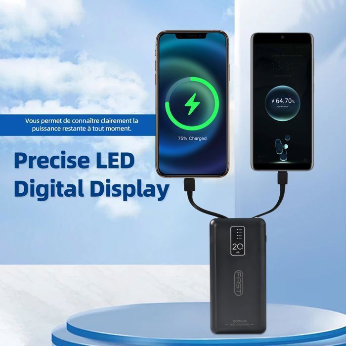 Externe batterij van 20000 mAh - Slankste powerbank - met 4 geïntegreerde kabels - Draagbare batterij en LCD-display, zwart