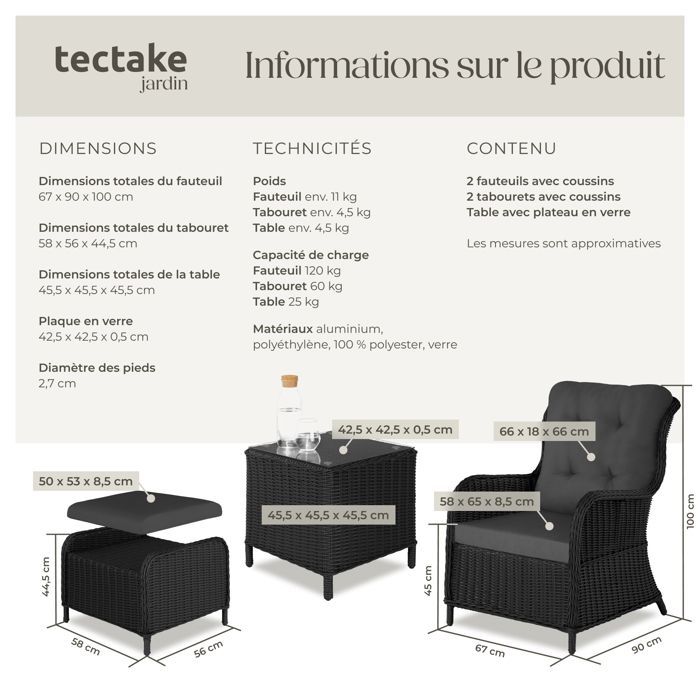 Muebles de jardín - TECTAKE - BENISSA, conjunto de tumbonas desmontables para 2 a 4 personas con mesa - Negro/Gris