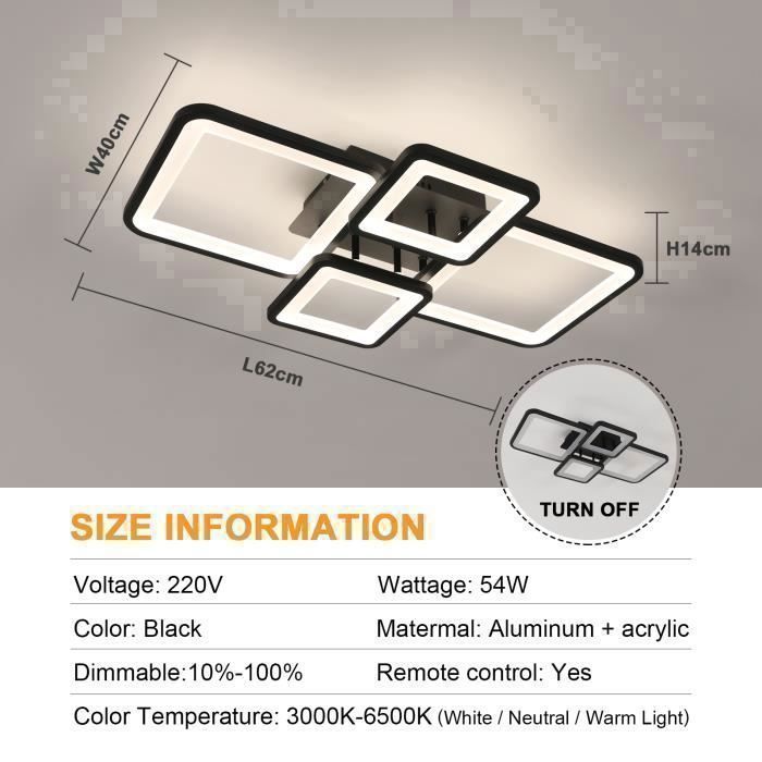Luminária de teto LED Dorlink com 4 lâmpadas e 54 W, preta – Moderna e com intensidade ajustável, com controle remoto, ideal para quarto, sala de estar e sala de jantar.