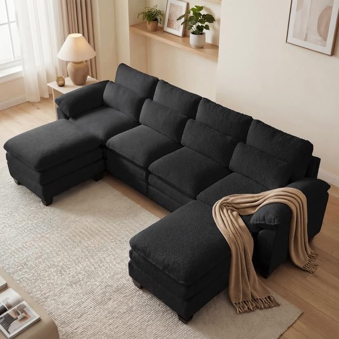 Extra-large modular U-shaped corner sofa, double-layer cloud seat cushion, 2 removable ottomans, black teddy velvet fabric