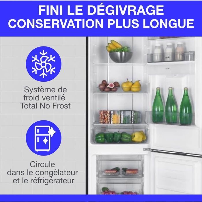 Réfrigérateur congélateur bas  251L - CONTINENTAL EDISON - Total No Frost - Inox - Classe D - L 54 cm x H 180 cm