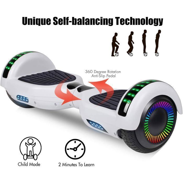Hoverboard, trottinette électrique auto-équilibrée de 6,5 pouces avec Bluetooth, roues et lumières LED pour enfants et adultes