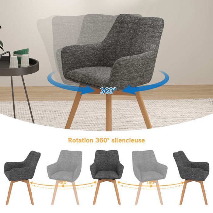 WAFTING Lot de 6 chaises pivotantes 360°,accoudoirs et pieds bois, dossier haut avec coussin en molleton. Gris Foncé.