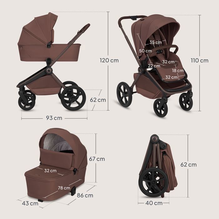 LIONELO Freya 2-in-1 Travel System - Carrycot - One-click folding - Accessories - Up to 22 kg - Chocolate Brown