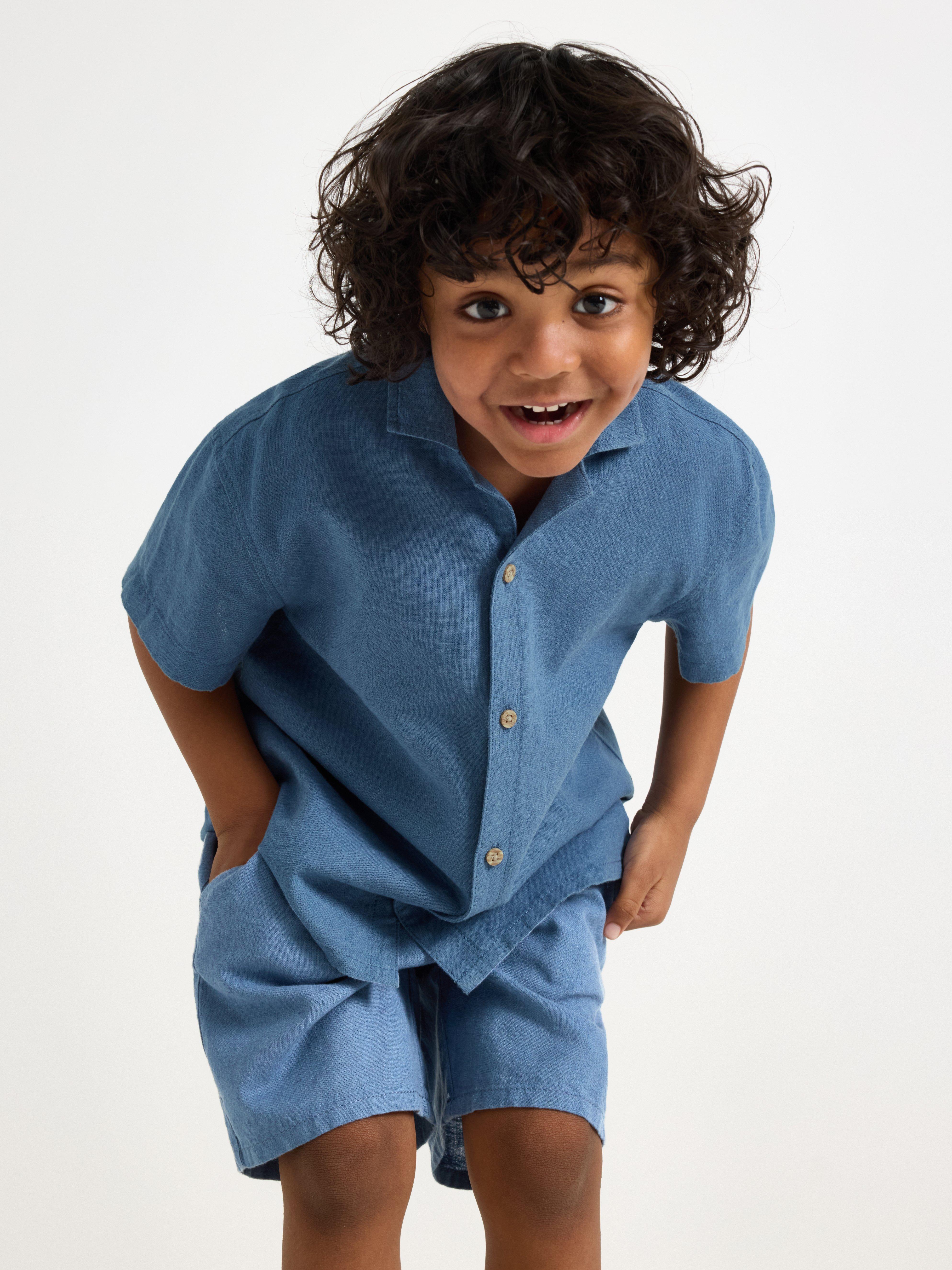 Camisa de manga curta em mistura de linho azul acinzentado