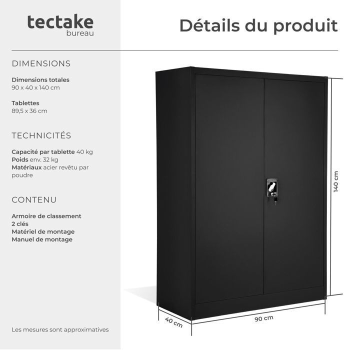 Office storage - TECTAKE - Metal filing cabinet with 3 adjustable shelves and 2 keys - 90 cm x 40 cm x 140 cm - Black