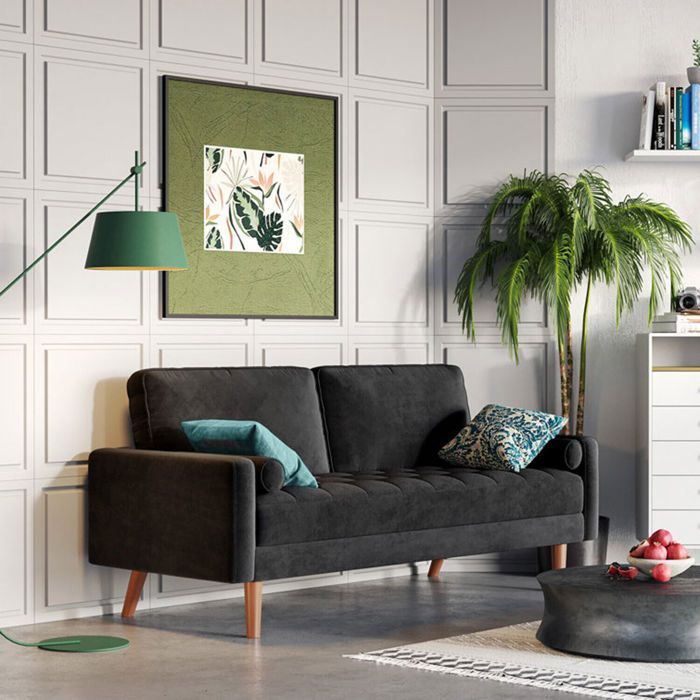 Canapé 2 Places en Velours Noir 142 x 76 x 85 cm,Canapé Scandinave avec 2 coussins pour le salon,Fauteuil Capitonné,Pieds en bois