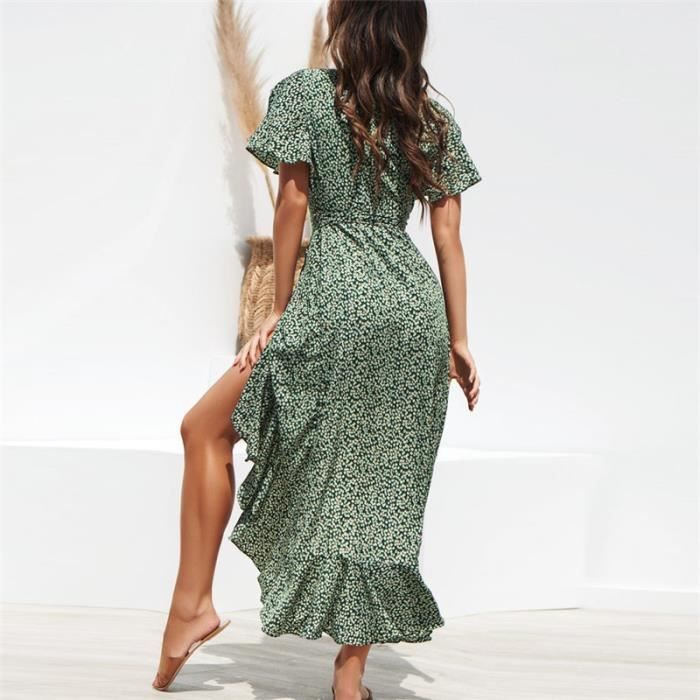 Vestido midi informal de gasa, escote en V, detalle cruzado lateral, mangas abullonadas, color verde.