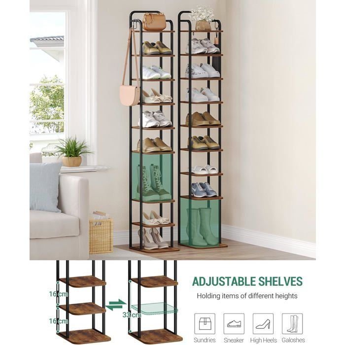 Étagère à Chaussures à 10 Niveaux, Rangement Chaussures pour Petits espaces, Meuble de Rangement Chaussures réglable, pour Entrée