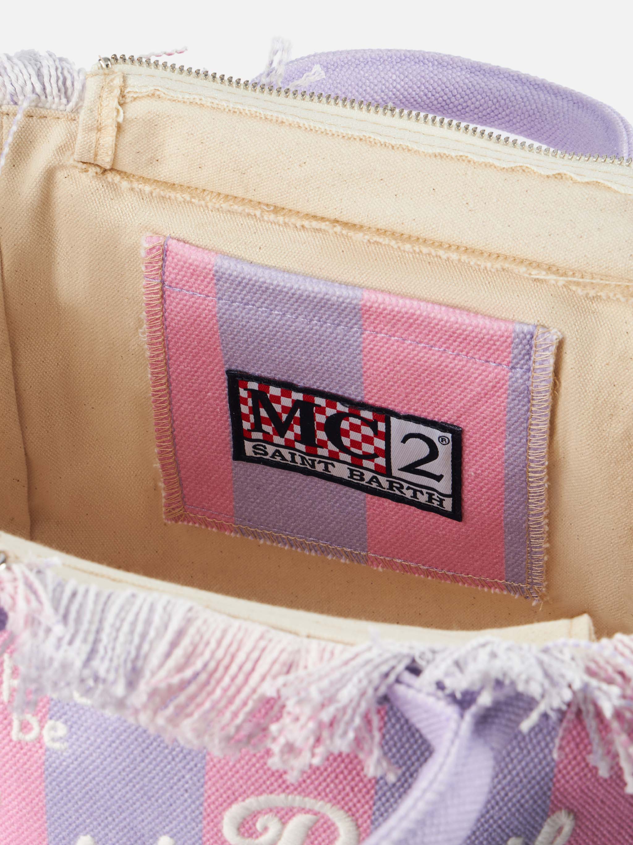 Colette Cotton Canvas Fringed Handbag - Pink & Lilac Striped Print with Saint Barth Embroidered Logo & Zip Pocket | MC2 Saint Barth