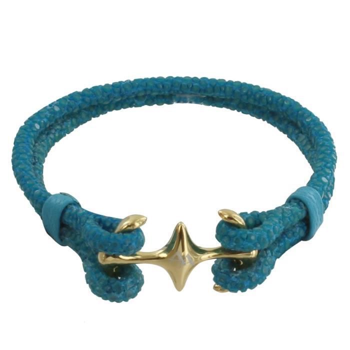Les Poulettes Bijoux - Unisex gerhodineerde gouden armband met dubbel anker en shagreen - 18 cm - Turkoois