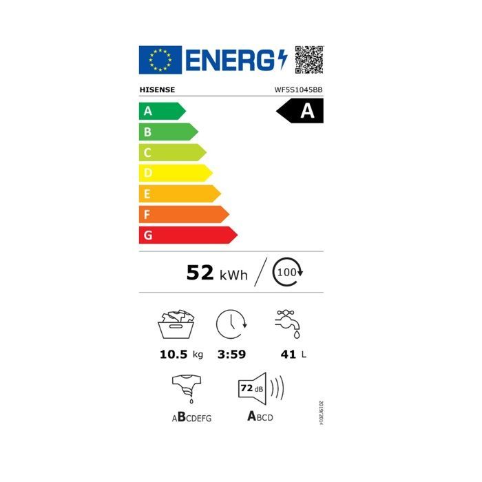 Lavadora de carga frontal Hisense de 10,5 kg y 1400 rpm, color negro - WF5S1045BB
