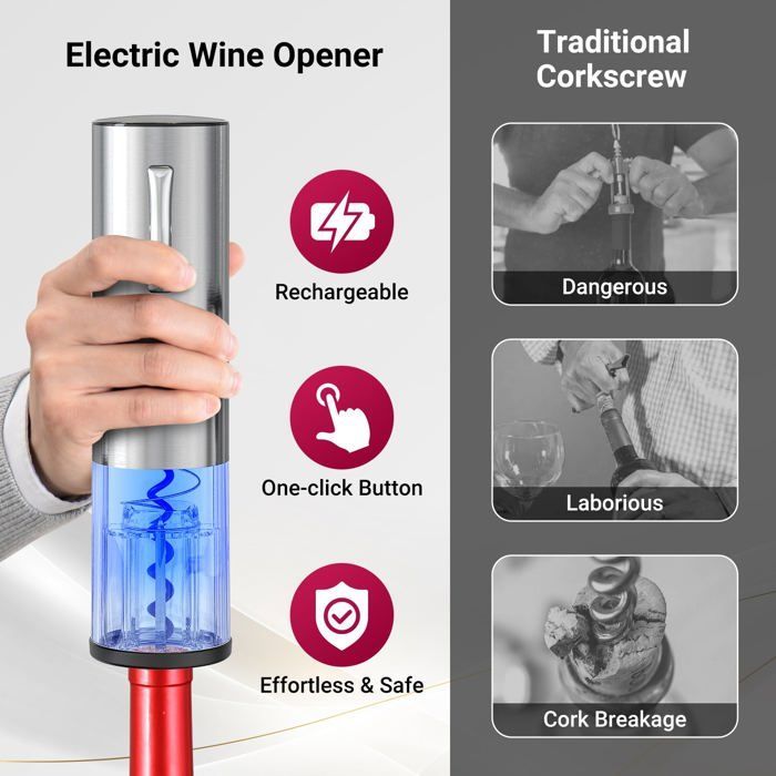 Sacacorchos eléctrico con abridor de botellas recargable, aireador de vino automático, cortador de cápsulas, tapón de vacío y cable USB.