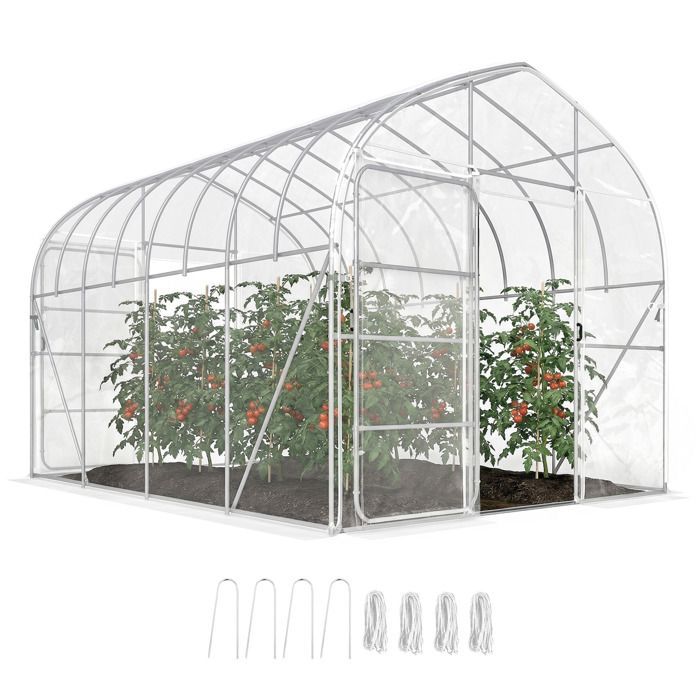 Invernadero tipo túnel Outsunny de 12 m² para cultivo de tomates - Acero galvanizado de 25 mm con película antigoteo - 296 x 391 x 267 cm - Transparente