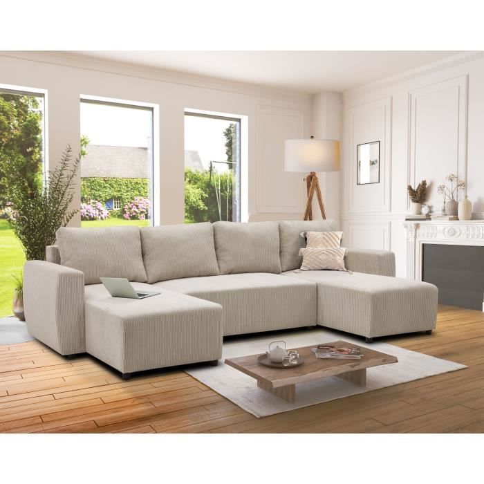 Divano panoramico trasformabile a 7 posti PHARELL - Velluto a coste beige - Vano contenitore - L297 x P155 x H85