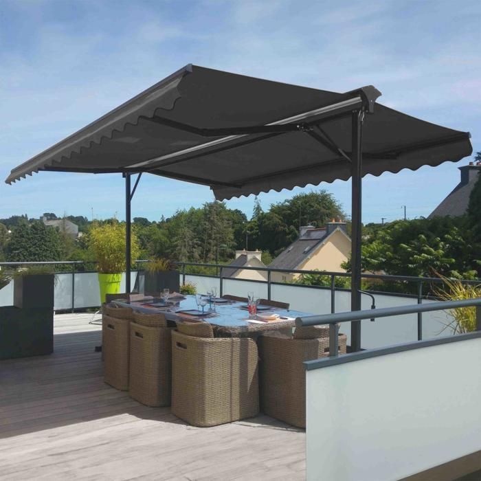 Kit de toldo Oviala 3x3m com inclinação dupla e 4 placas pesadas cinzentas.