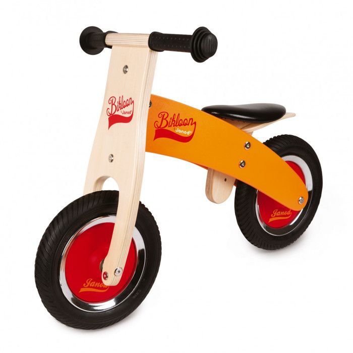 Janod Little Bikloon Wooden Balance Bike - Orange - Ages 2+ - Inflatable Tires - Adjustable Seat