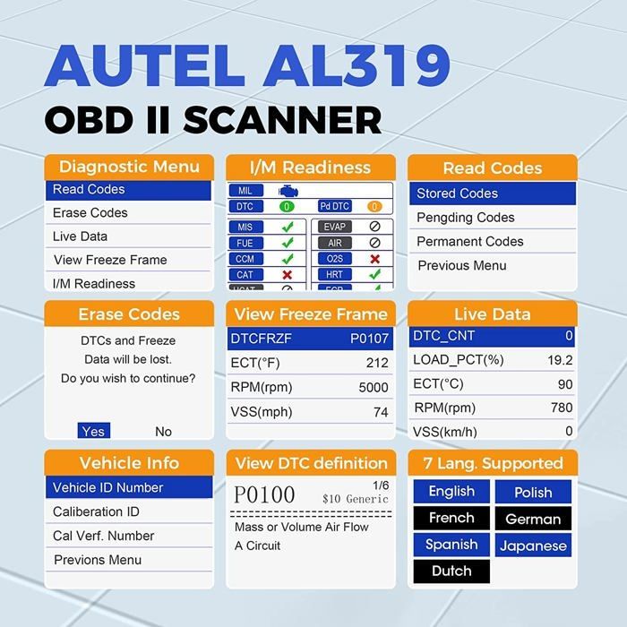Herramienta de diagnóstico automotriz AUTEL AL319 OBD2 - Lector de códigos con un solo clic - Multimarca - Menú en francés