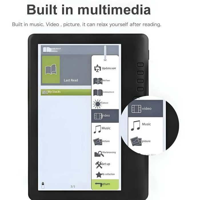Lector de libros electrónicos con pantalla a color de 7 pulgadas, 8 GB de almacenamiento, 512 MB de RAM, batería de 2500 mAh, reproducción de música y vídeo, portátil, ideal para leer, color negro.