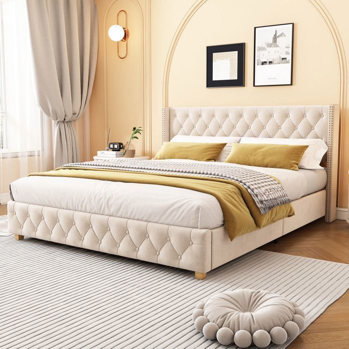 Cama de casal para adultos - TKOPY - Cama estofada 160x200 cm, com estrado de ripas, veludo bege claro