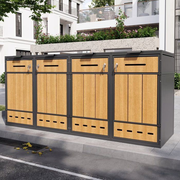 Cache-poubelle extérieur - LANGTU - 4x120–240L - Acier aspect bois - Verrouillable - Aération intégrée