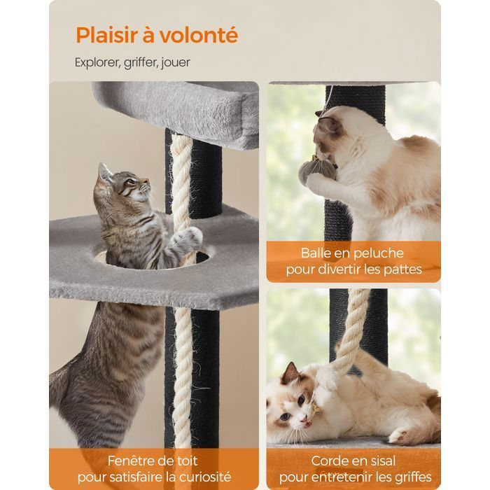 Feandrea Cat Tree - 186.7 cm tall, 5 levels and 1 platform - Grey and Black