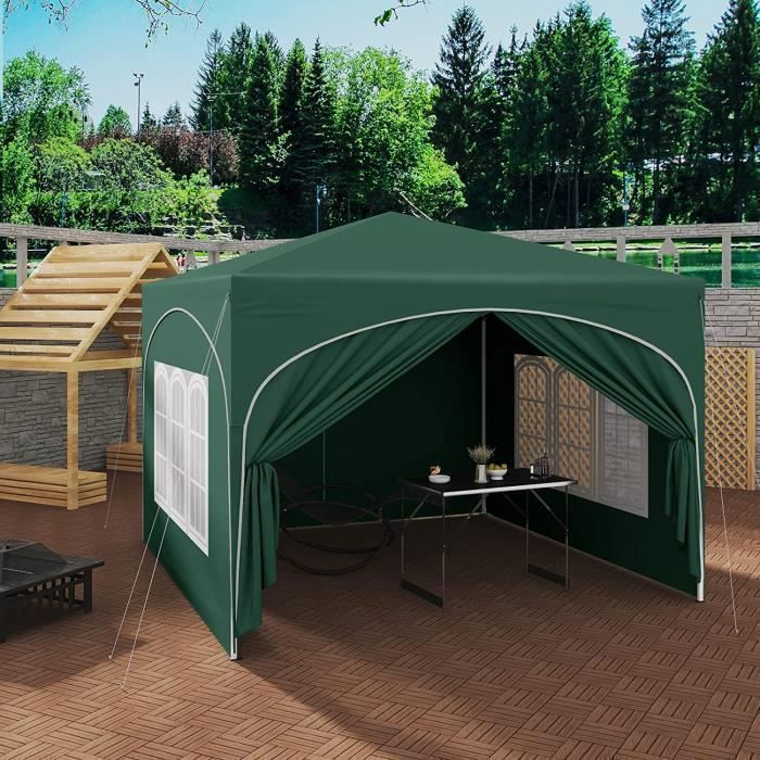 Cenador de jardín WOLTU, pérgola plegable de 3x3 m con 4 paneles laterales, altura ajustable, impermeable, protección UV, verde.