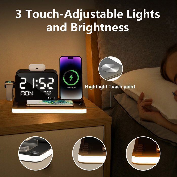 Cargador inalámbrico 7 en 1: estación de carga, reloj, luz nocturna, cargador inalámbrico para iPhone, AirPods, Apple Watch, Samsung y Android.