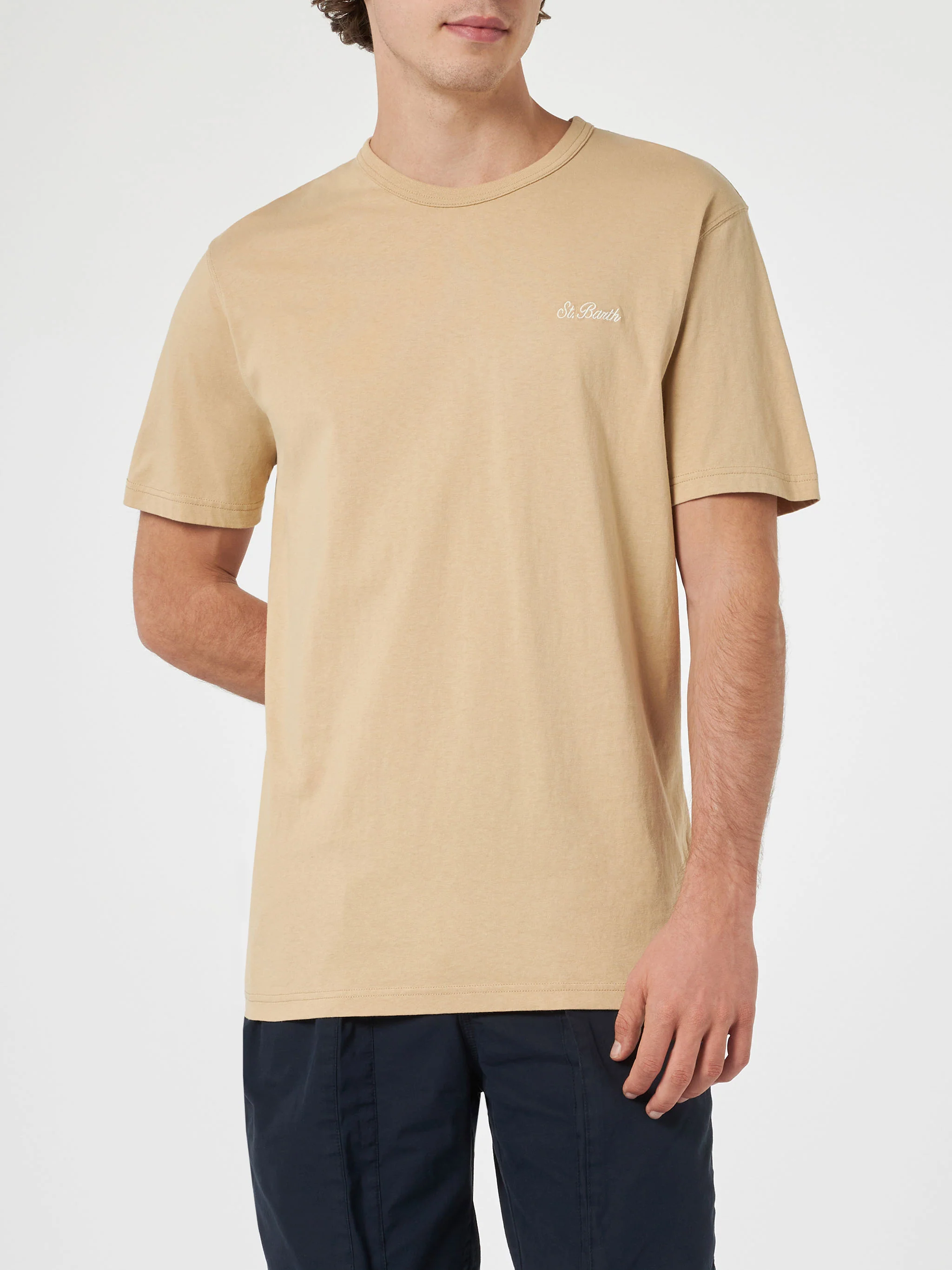 Camiseta de hombre Dover color beige de punto de algodón con bordado de St. Barth