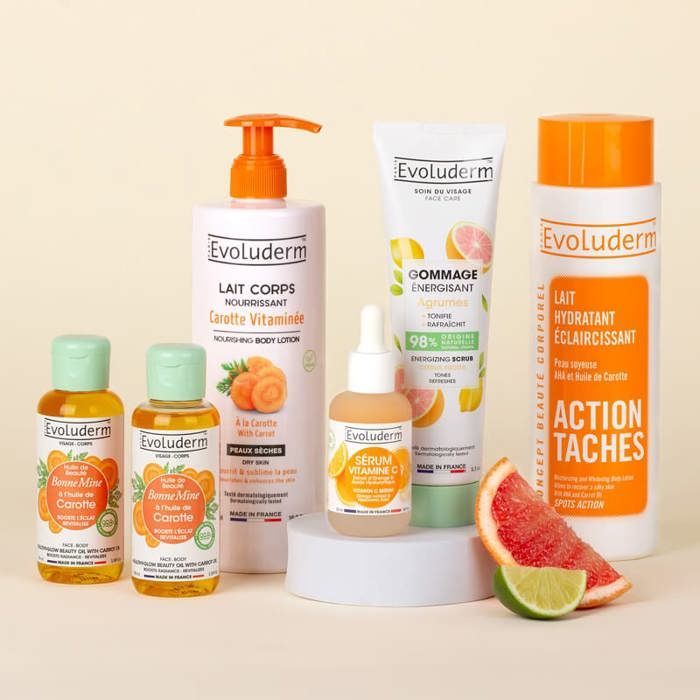 EVOLUDERM – Radiance Routine 6-Product Face & Body Set – 1 Lotion + 2 Oils + 1 Serum + 1 Facial Scrub + 1 Brightening Lotion