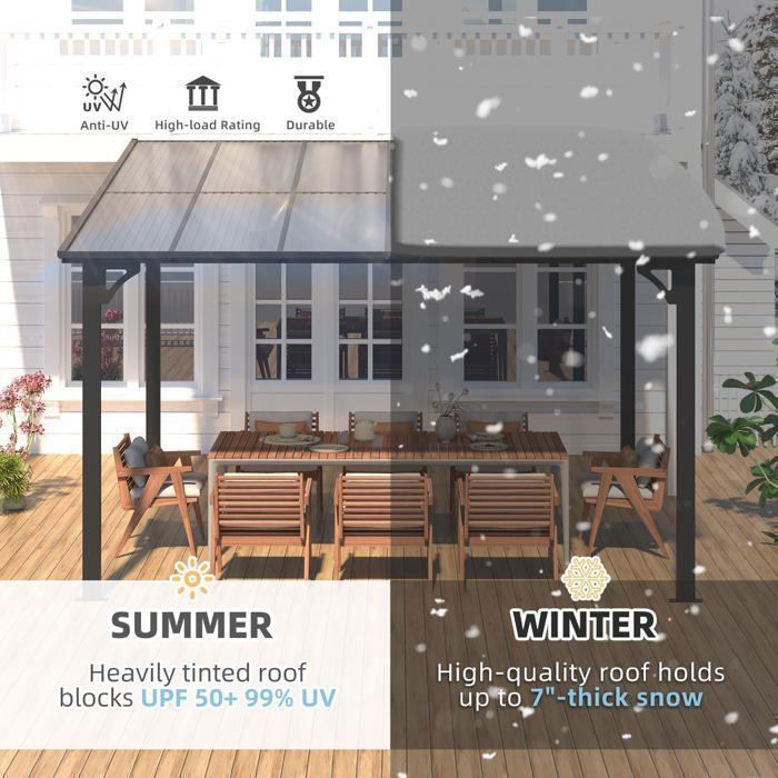 Pérgola mural YODOLLA de aluminio y policarbonato - Resistente a la intemperie - 3x3,65 m - Negra