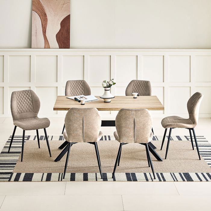 WAFTING Lot de 6 Chaises  salle à manger,avec Coussin en éponge de lin, Pieds en métal et revêtement en à Motif Diamant,Marron.