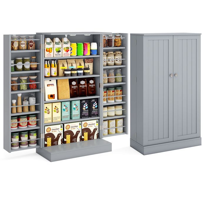 COSTWAY 104 cm keukenbuffet, deuren die 180° openen, verstelbare planken, anti-kantelset, voor eetkamer/woonkamer, grijs