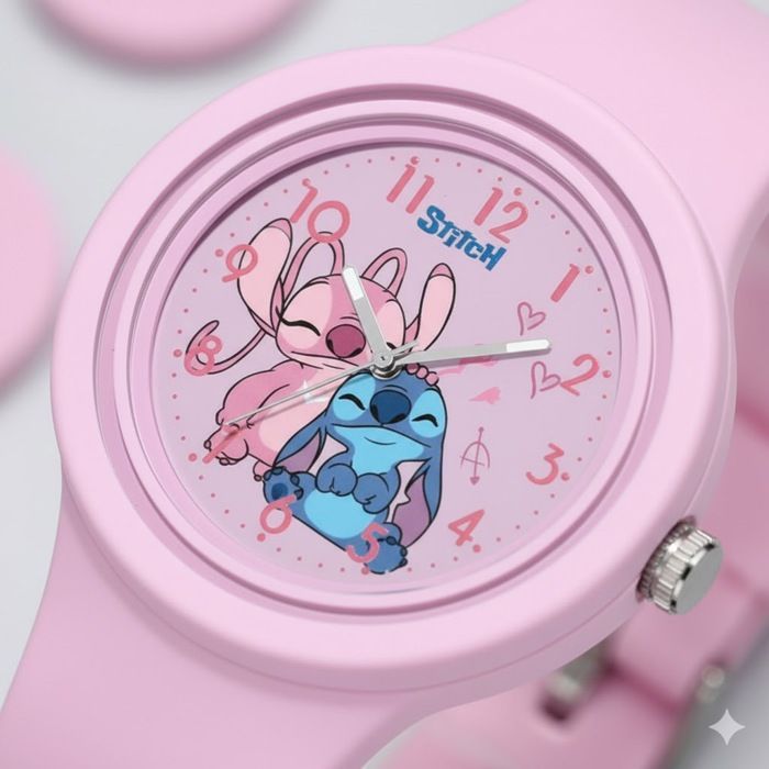 Reloj infantil rosa Stitch Angel: diversión y comodidad para aprender.