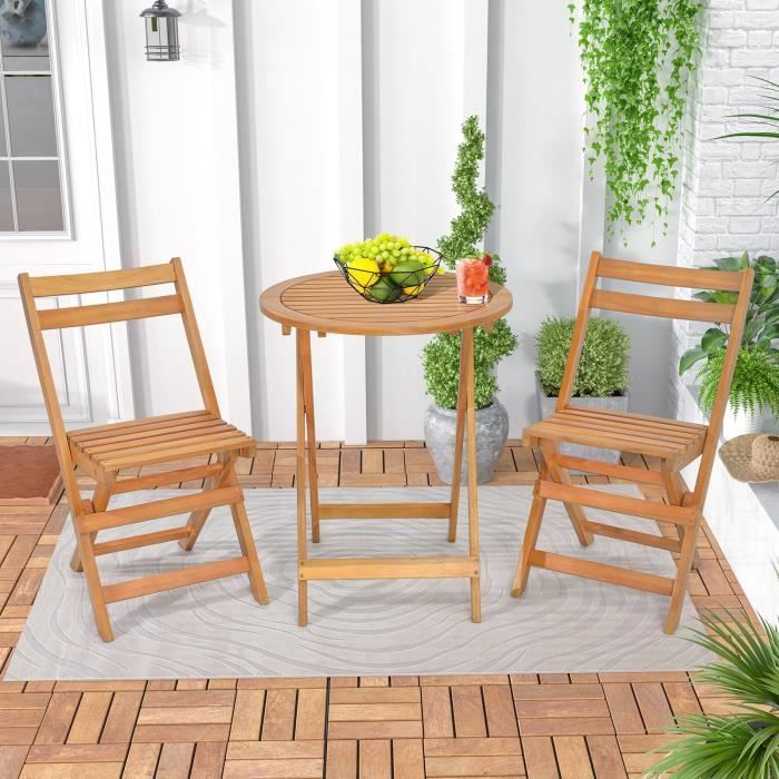 Set di mobili da giardino pieghevoli in legno di acacia COSTWAY, composto da 3 pezzi: tavolo e 2 sedie con struttura a doghe - Arredamento da giardino per patio.